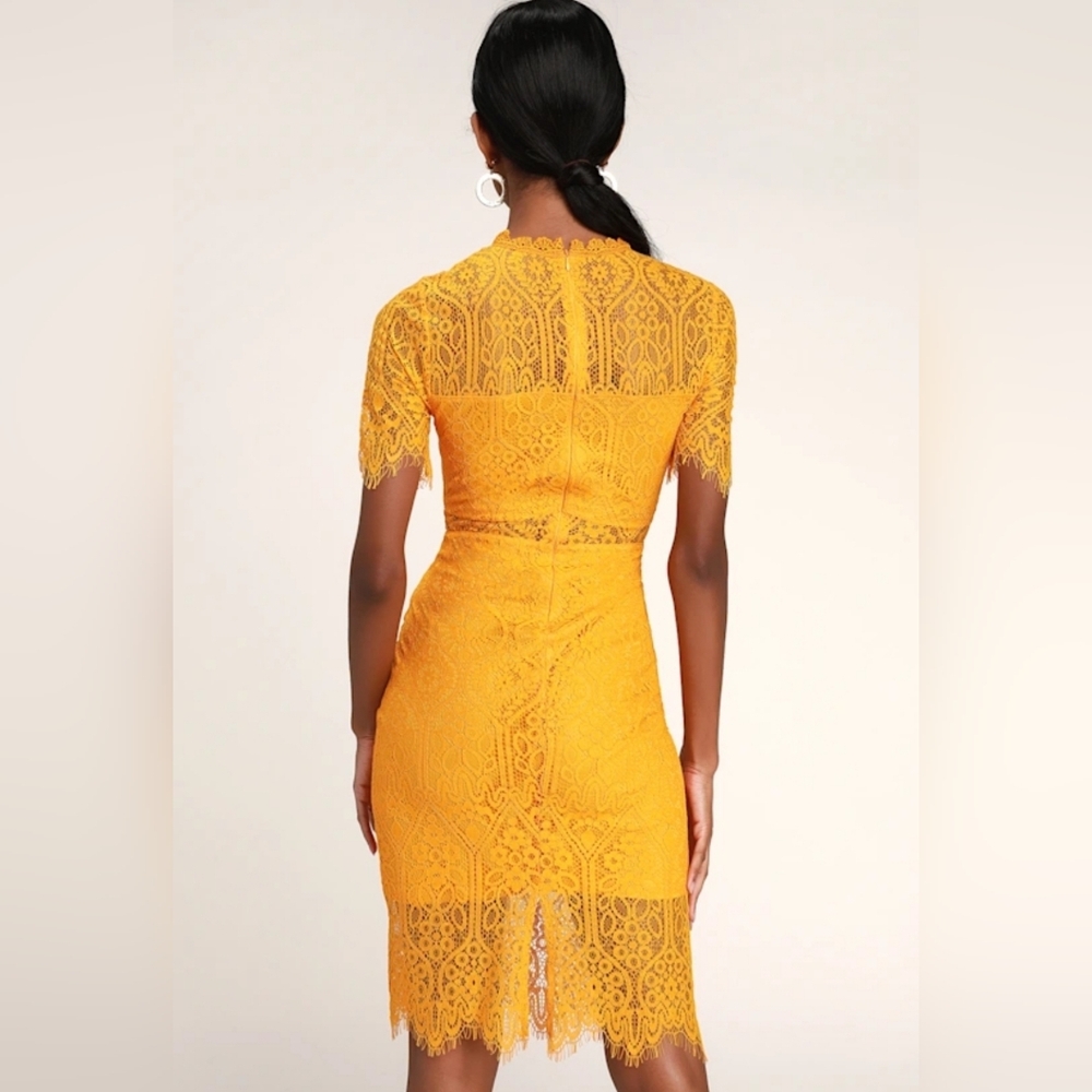 Lulus Remarkable Bright Goldenrod Lace Dress - Size M - Picture 3 of 5
